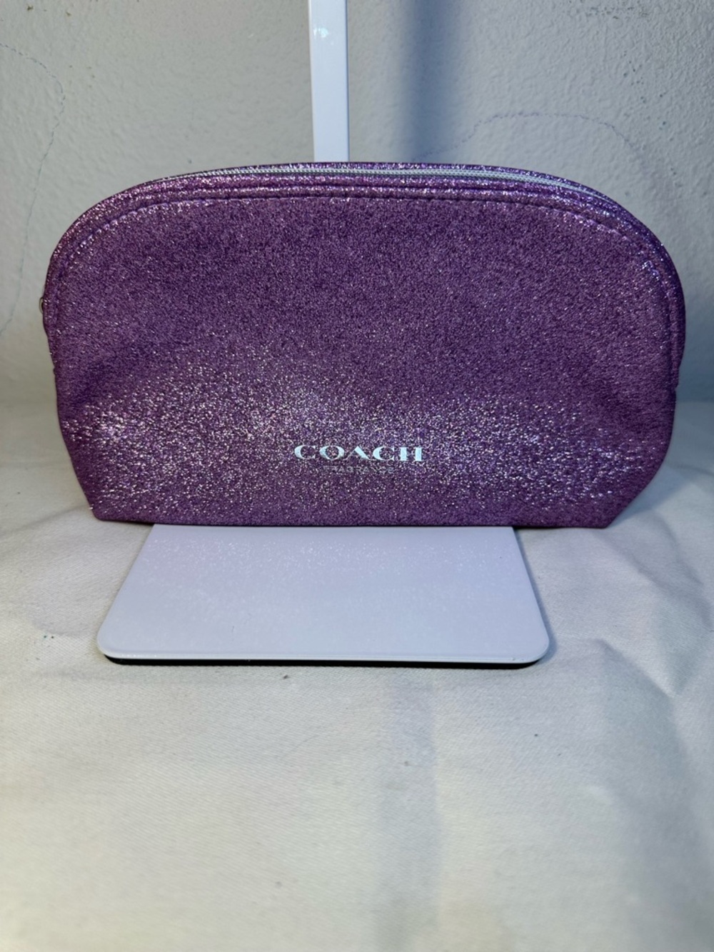 Coach Glitter Purple Cosmetic Pouch with silver zipper